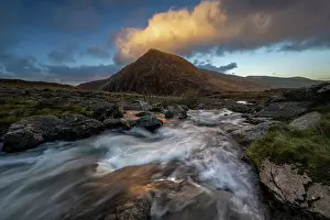 Conwy Prints: Water cascading down a fall towards Llyn Dinas backed with mountain range