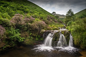 Water cascading over rocks on moorland habitat, Fairbrook, Peak District National Park
