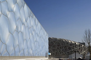 Images Dated 23rd January 2008: The Water Cube National Aquatics Center swimming arena and National Stadium at the Olympic Park