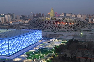 Images Dated 31st January 2008: The Water Cube National Aquatics Center swimming arena and National Stadium at the Olympic Park