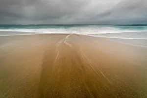 Sennen Prints: Water trails on Sennen Beach, with Brissons in far distance, Sennen, Cornwall, England