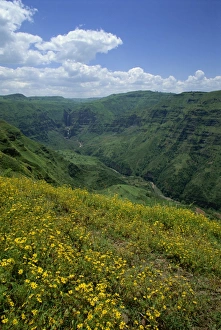 Waterfall cascades down lush valley, Mulu Gorge, near Addis Ababa, Ethiopia, Africa