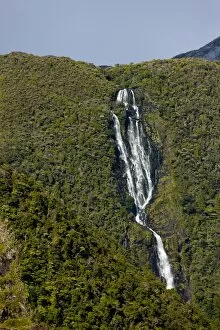 Waterfall, Fjord, Thomson Sound, South Island, New Zealand, Pacific