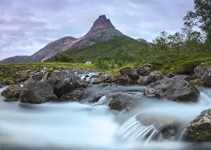 Tysfjord Prints: Waterfall frames the Stetinden mountain peak illuminated by midnight sun, Tysfjord