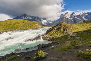 Patagonia Prints: Waterfall at Lake Pehoe, Torres Del Paine National Park, Patagonia, Chile, South America