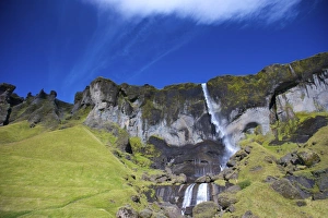 Waterfall in summer sunshine at Foss a Sidu, South coast, Iceland, Polar Regions