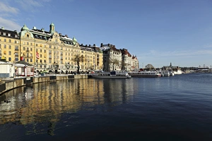 Overlooking Prints: Waterfront buildings at Strandvagen, overlooking boats at Nybroviken, in Stockholm