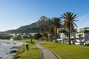 Waterfront of Camps Bay with the Lions Head in the background, suburb of Cape Town
