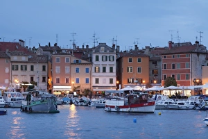 Rovinj Prints: Waterfront and harbour with ships and boats at dusk, Rovinj, Istria, Croatia, Europe
