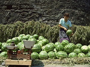 Teenage Boys Prints: Watermelons for sale on a street corner, Istanbul, Turkey, Europe