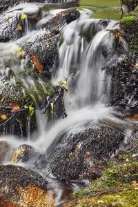 Cascades Prints: Waters flow over rocks in the Dart Valley near Dartmeet in Dartmoor National Park during autumn in Devon