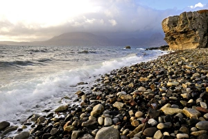 Pebble Beach Prints: Waves breaking on the rocky foreshore at Elgol, Isle of Skye, Inner Hebrides