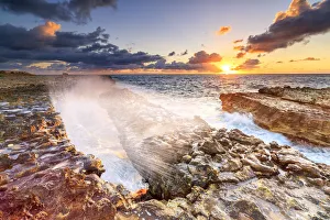 Antigua Prints: Waves crashing on cliffs at sunrise, Devils Bridge, Antigua, Antigua and Barbuda