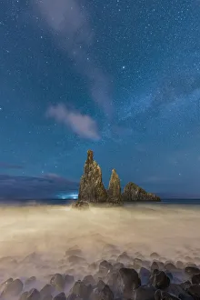 Sea Stack Gallery: Waves crashing over Ilheus da Rib and Ribeira da Janela rock formations under the starry
