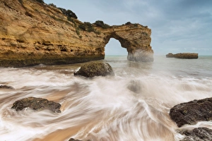 Lagoa Municipality Prints: Waves crashing on the sand beach surrounded by cliffs, Albandeira, Lagoa Municipality