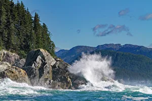Blue Skies Prints: Waves crashing against the shore in Cross Sound