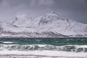 Troms Og Finnmark Prints: Waves on Grotfjord (Grotfjorden) Beach in winter