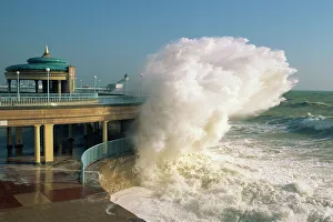 Waves pounding bandstand, storm in Eastbourne, East Sussex, England, United Kingdom