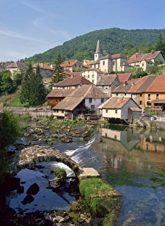 Franche Comte Prints: The weir and remains of a medieval bridge on the River Loue, with the houses