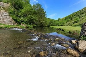 Flowing Gallery: Weir, River Dove, Dovedale and Milldale in spring, White Peak, Peak District, Derbyshire