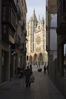 Old Castile Prints: West front of Leon Cathedral, seen from a narrow side street, Leon, Castilla y Leon