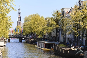Prinsengracht Prints: Westerkerk church tower by Prinsengracht canal, Amsterdam, Netherlands, Europe
