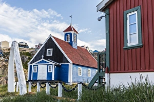 Sisimiut Prints: Whale jawbone archway to church in Sisimiut, Greenland, Polar Regions