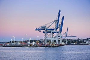 Crane Prints: Wharf in the harbour of Auckland, North Island, New Zealand, Pacific