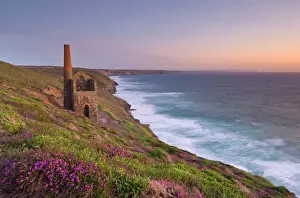 Flowers Prints: Wheal Coates, abandoned disused Cornish tin mine at sunset, near St. Agnes