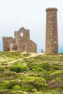 Footpath Prints: Wheal Coates Tin Mine on a foggy day, UNESCO World Heritage Site, on the Cornish coast