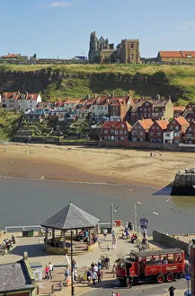 Yorkshire Prints: Whitby abbey, sandy beach and harbour, Whitby, North Yorkshire, Yorkshire
