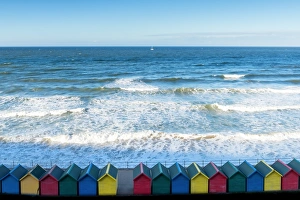 Wood Material Prints: Whitby beach huts, Yorkshire, England, United Kingdom, Europe