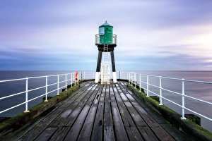 Railings Prints: Whitby Pier at sunrise, Yorkshire, England, United Kingdom, Europe