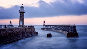 Staithes Prints: Whitby Pier at sunset, Yorkshire, England, United Kingdom, Europe