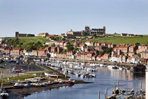 Whitby and the River Esk from the New Bridge, Whitby, North Yorkshire, Yorkshire, England, United Kingdom, Europe