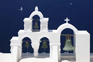 Sailing Boat Prints: White bell tower and sailing boat