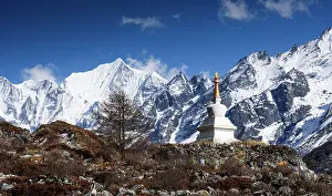Snowcapped Prints: White Buddhist stupa in Langtang Valley