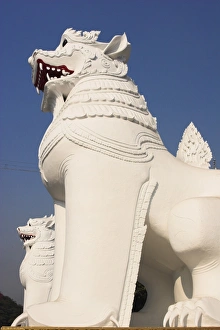Guardian Prints: White carved lions guard entrance to Mandalay Hill, Mandalay, Myanmar (Burma), Asia