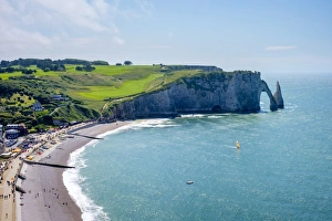 Etretat Prints: White chalk cliffs and Aiguille d Etretat, natural stone arch on the coast, Etretat