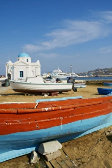 Chapel Prints: White chapel with blue dome, harbour and boats, Hora, Mykonos, Cyclades