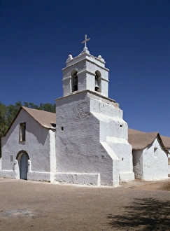 San Pedro Prints: White church at San Pedro Oasis in the Atacama Desert, Chile, South America
