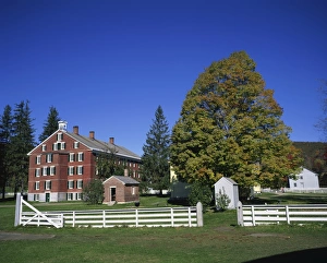 Hancock Prints: White fence and brick dwelling dating from 1830
