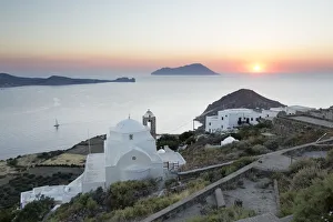 Cyclades Prints: White Greek church and Milos Bay from Plaka Castle at sunset, Plaka, Milos, Cyclades