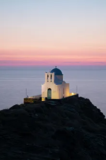 Kastro Prints: White Greek Orthodox chapel of Eftamartyres on headland, Kastro, Sifnos, Cyclades