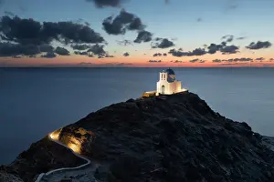 Footpath Prints: White Greek Orthodox chapel of Eftamartyres on headland at dawn, Kastro, Sifnos, Cyclades