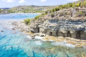 Antigua Barbuda Prints: White limestone cliffs Pillar of Hercules washed by Caribbean Sea, aerial view by drone