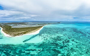 Lagoon Gallery: White sand of 11 Mile Beach set among a tropical lagoon and Caribbean Sea, aerial view, Barbuda