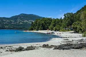 Southern Chile Prints: White sand beach, Lago Caburga near Pucon, southern Chile, South America