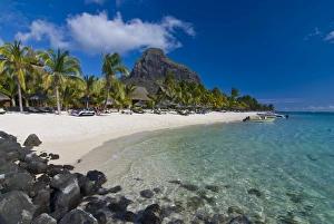 Images Dated 6th September 2007: White sand beach of the five star hotel Le Paradis, with Le Morne Brabant in the background
