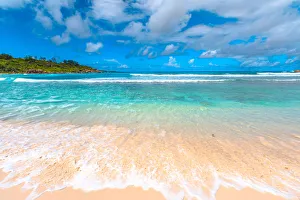 Tropical Climate Prints: White sandy beach and turquoise clear sea of Anse Cocos, La Digue, Seychelles, Indian
